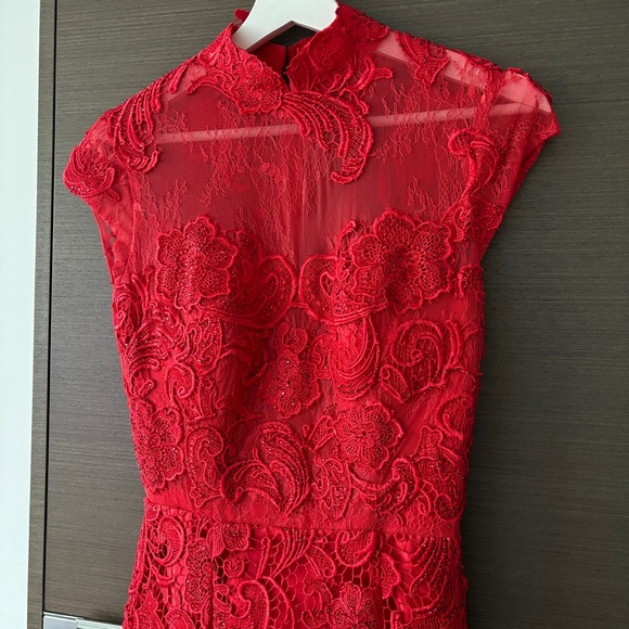 Custom Made Chinese Qipao Wedding Cheongsam Red Lace Beaded Full-length Dress - Picture 4 of 13